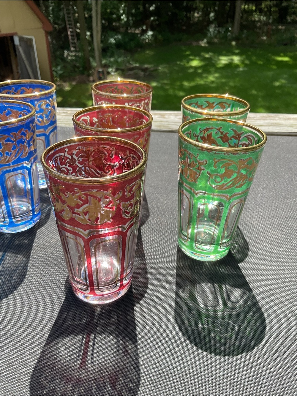 Vintage 9 Hand-Painted Moroccan Glasses - Red, Blue & Green W/ Gold Trim - Picture 3 of 6